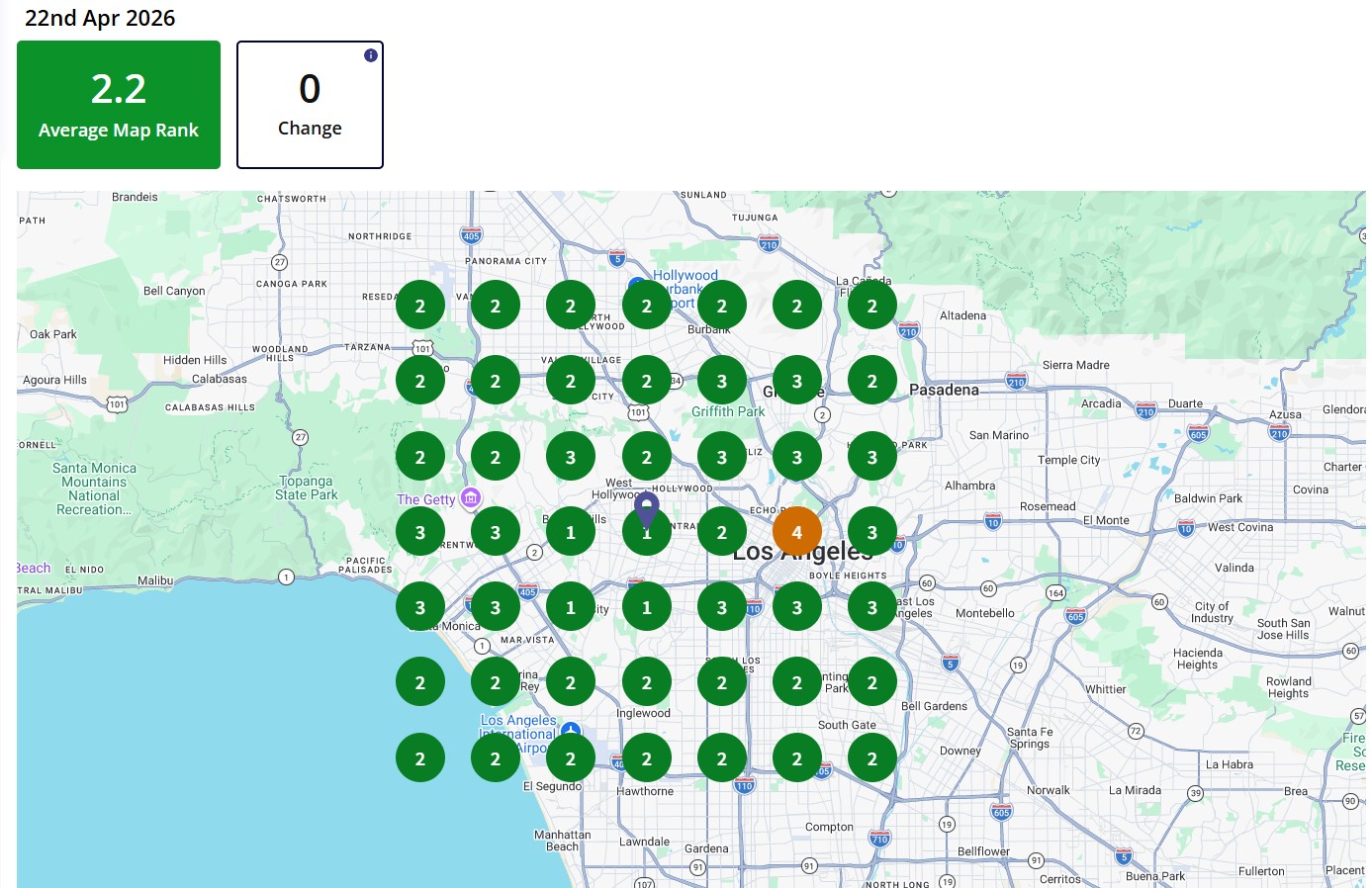 Local SEO Geogrid Ranking Report showing top Map Pack results in Los Angeles by Md Yasin Ahmed